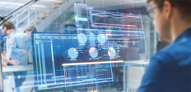 man looking at abstract computer screen